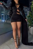 Black Sexy Solid Hollowed Out O Neck Long Sleeve Dresses