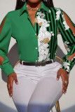 Green Elegant Print Hollowed Out Patchwork Buckle Shirt Collar Tops