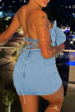 Blue Sexy Solid Backless Strapless Wrapped Skirt Dresses