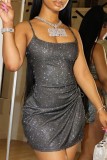 Silver Sexy Solid Hollowed Out Frenulum Backless Slit Spaghetti Strap Sleeveless Dress Dresses