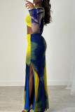 Blue Street Print Patchwork High Opening O Neck Long Sleeve Two Pieces
