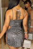 Silver Sexy Solid Hollowed Out Frenulum Backless Slit Spaghetti Strap Sleeveless Dress Dresses