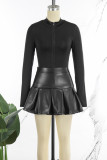 Black Sexy Solid Patchwork Zipper O Neck Long Sleeve Two Pieces
