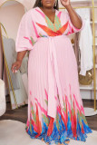 Pink Casual Print Pleated V Neck Long Sleeve Plus Size Dresses