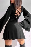 Black Casual Solid Backless Cross Straps O Neck Long Sleeve Dresses