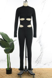 Black Street Solid Hollowed Out Patchwork Zipper Turtleneck Skinny Jumpsuits