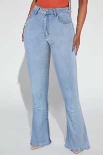 Light Blue Casual Solid Embroidered High Waist Regular Denim Jeans