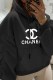 Black Casual Print Letter Hooded Collar Tops