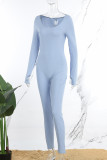 Sky Blue Casual Solid Basic O Neck Skinny Jumpsuits