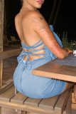 Blue Sexy Solid Backless Strapless Wrapped Skirt Dresses