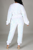 White Casual Patchwork Sequins O Neck Plus Size Two Pieces (Mask Included)