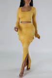 Yellow Casual Solid Slit U Neck Long Sleeve Two Pieces