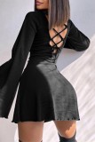 Black Casual Solid Backless Cross Straps O Neck Long Sleeve Dresses