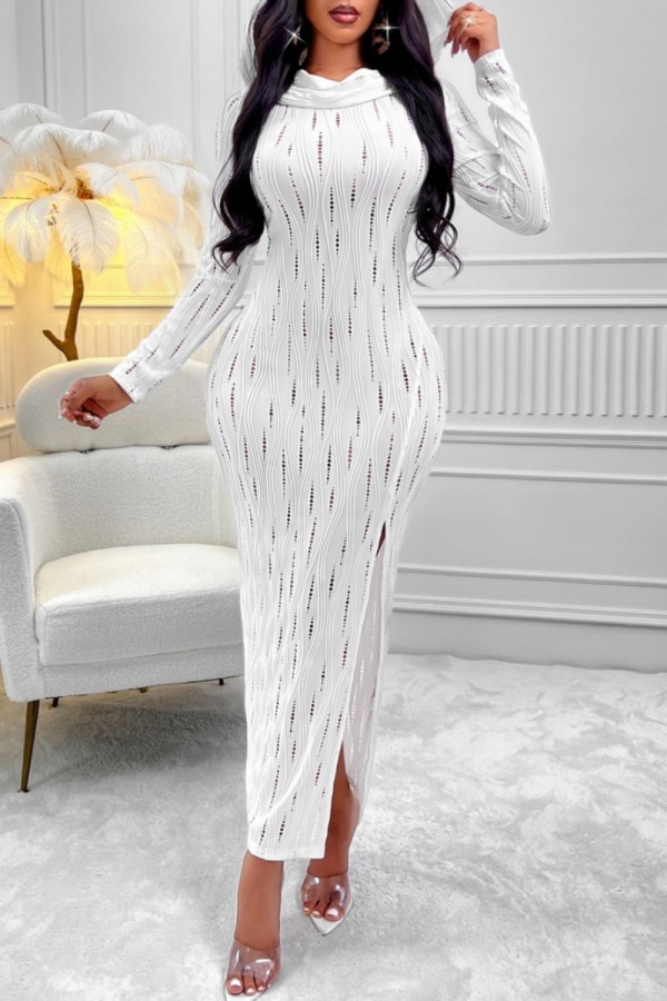 White Casual Solid Hollowed Out Slit Hooded Collar Long Sleeve Dresses