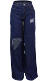 Dark Blue Denim Zipper Fly High Hole Asymmetrical Loose Pants Bottoms