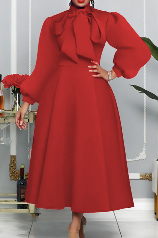 Red Casual Solid Patchwork Half A Turtleneck Long Sleeve Dresses
