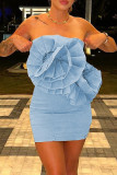 Blue Sexy Solid Backless Strapless Wrapped Skirt Dresses