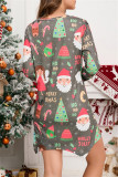Dark Green Casual Print Santa Claus Asymmetrical V Neck Long Sleeve Dresses