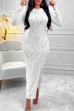 White Casual Solid Hollowed Out Slit Hooded Collar Long Sleeve Dresses
