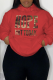 Red Casual Street Print Draw String Letter Hooded Collar Tops