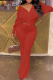 Red Casual Solid Bandage Patchwork V Neck Long Sleeve Two Pieces