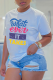 White Casual Daily Print Patchwork Letter O Neck T-Shirts