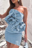 Blue Sexy Solid Backless Strapless Wrapped Skirt Dresses
