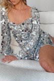 Silver Sexy Patchwork Sequins Frenulum Backless Square Collar Long Sleeve Dresses