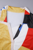 Blue Red Street Color Block Patchwork Cardigan Collar Printed Dress Dresses