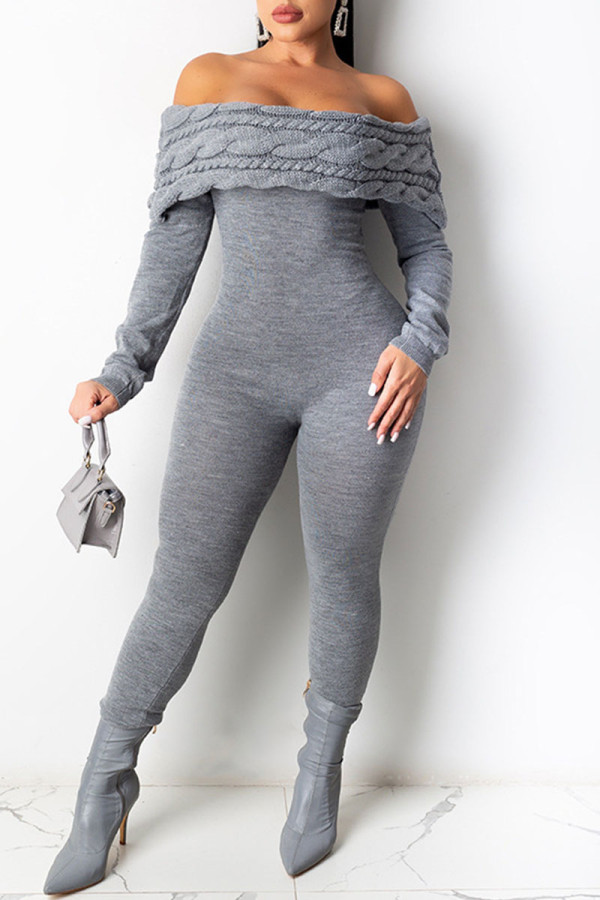 Grey Casual Solid Backless Off the Shoulder Skinny Jumpsuits