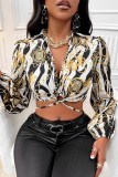 Black Casual Print Frenulum Turndown Collar Tops
