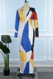 Blue Red Street Color Block Patchwork Cardigan Collar Printed Dress Dresses