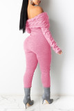 Pink Casual Solid Backless Off the Shoulder Skinny Jumpsuits