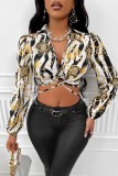Black Casual Print Frenulum Turndown Collar Tops