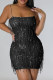 Black Celebrities Solid Sequins Patchwork Backless Spaghetti Strap Wrapped Skirt Dresses