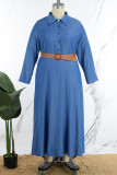 Navy Blue Sweet Solid Patchwork Buckle Turndown Collar A Line Plus Size Dresses