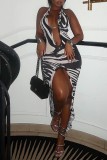 Black White Sexy Print Bandage Backless Halter Long Dress Dresses