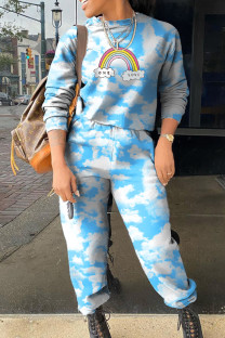 Sky Blue Casual Print Patchwork O Neck Long Sleeve Two Pieces