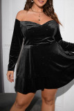 Black Casual Solid Backless Off the Shoulder Long Sleeve Plus Size Dresses