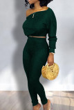 Green Elegant Solid Patchwork Oblique Collar Long Sleeve Two Pieces