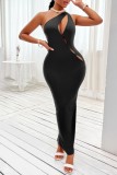 Black Casual Solid Hollowed Out Oblique Collar Long Dress Dresses