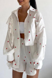 Red Sweet Print Patchwork Buckle Shirt Collar Long Sleeve Two Pieces