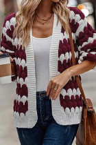 Burgundy Casual Patchwork Cardigan Contrast Outerwear