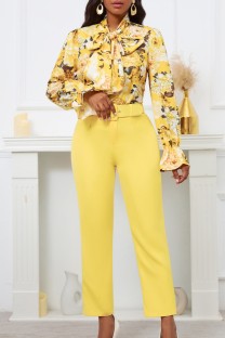 Yellow Casual Print Bandage With Belt Long Sleeve Two Pieces