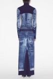 Blue Casual Print Hollowed Out Patchwork Turtleneck Long Dress Dresses