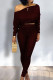 Burgundy Elegant Solid Patchwork Oblique Collar Long Sleeve Two Pieces