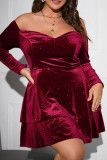 Burgundy Casual Solid Backless Off the Shoulder Long Sleeve Plus Size Dresses