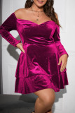 Burgundy Casual Solid Backless Off the Shoulder Long Sleeve Plus Size Dresses