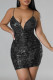 Black Sexy Floral Bandage Sequins Patchwork Backless V Neck Wrapped Skirt Dresses