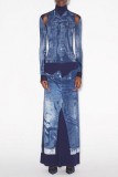 Blue Casual Print Hollowed Out Patchwork Turtleneck Long Dress Dresses